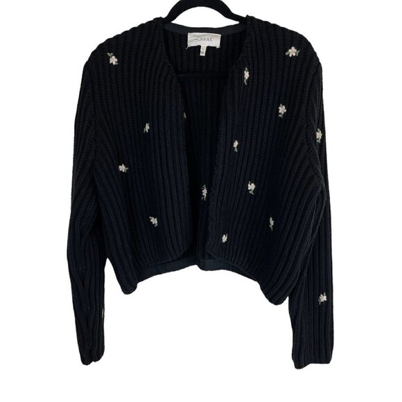 The Great Flower Embroidery Ribbed Cable Knit Crop Cardigan Black Size 1 - Picture 1 of 7